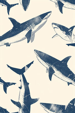 hand drawn illustration of sharks swimming around, clean, minimal, seamless pattern image