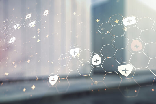 Abstract virtual medical illustration on blurry modern office building background. Medicine and healthcare concept. Multiexposure