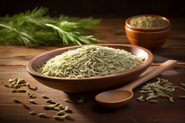 Cumin seeds and caraway seeds in white spoon on wooden board for cooking and seasoning