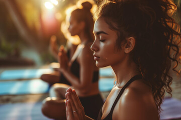 women meditating at a yoga retreat, close up - obrazy, fototapety, plakaty