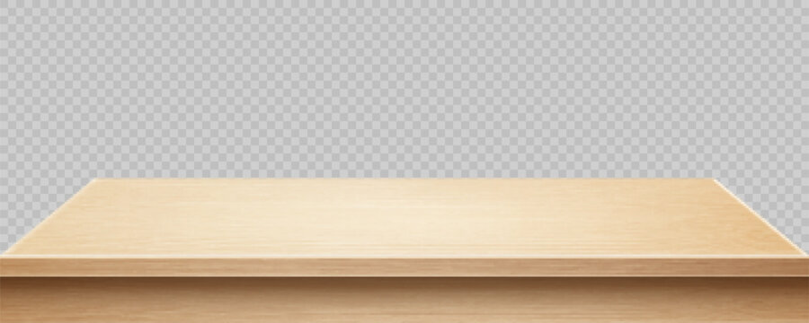 Wooden surface of desk isolated on transparent background. Kitchen top made of timber board. Light wooden tabletop. Realistic vector illustration