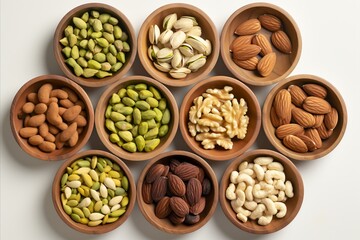 Wooden bowl with mixed nuts - healthy snack with walnuts, pistachios, almonds, hazelnuts, cashews