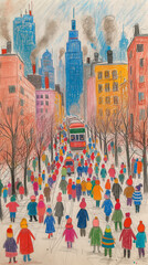 Bustling railway station with trains and passengers with chalk by Generative AI