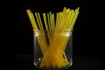 Pack of slim, yellow drinking straws made of clear plastic that are disposable and commonly used for table settings. Generative AI