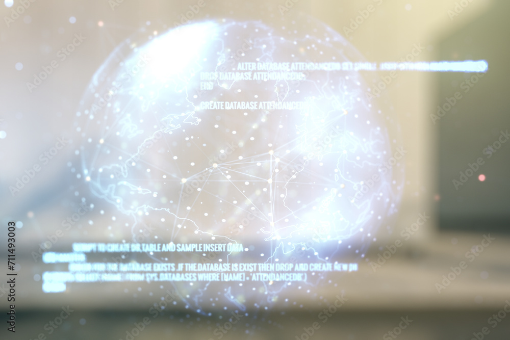 Aufkleber multi exposure of abstract graphic coding sketch and world map on blurry contemporary office buildin