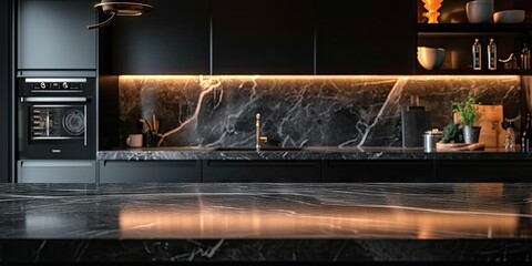 Elegant and stylish dark-toned kitchen with modern appliances and marble countertops, bathed in warm natural light