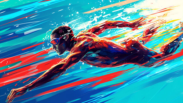 Swimmer, water athlete,  with a focus on a dynamic stride, energy and motion, vibrant colors, abstract background 