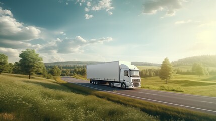 White truck mowing on picturesque landscape summer road. Delivery concept. Generative ai.
