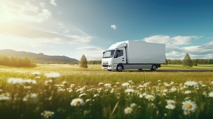 White truck mowing on picturesque landscape spring road. Delivery concept. Generative ai.