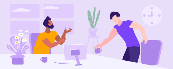 Partners agreement. Young men, office, window, house plants, Modern vector illustration.