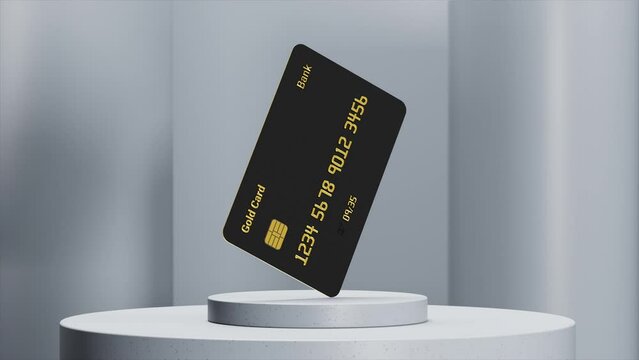 3D plastic credit debit gold premium black card for VIP clients. Spinning 360 white background room. Loop CG visualisation. New fintech e-commerce banking minimal corporate design. Realistic animation