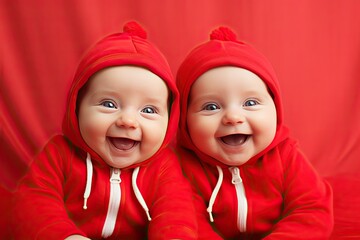 Happy faces of twins of small children. Laughing baby twins in red clothes on a red background. looking at the camera. portrait.