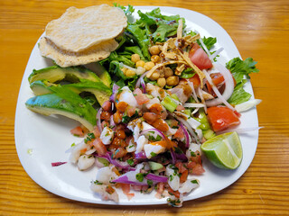 Culinary Artistry: Vibrant Ceviche and Fresh Salad on Wooden Table