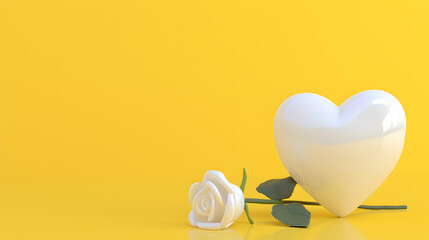 A white heart with a white rose next to it. On a yellow background. power point presentationstation, wallpaper and template.