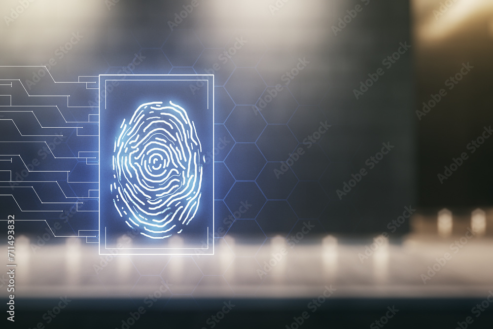 Poster multi exposure of virtual graphic fingerprint sketch on blurry contemporary office building backgrou