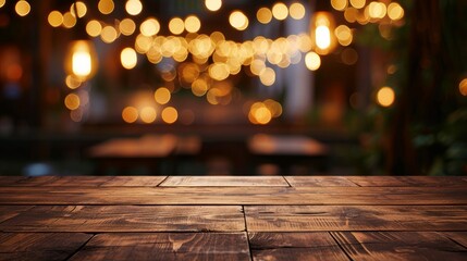 image of wooden table in front of abstract blurred restaurant lights background     