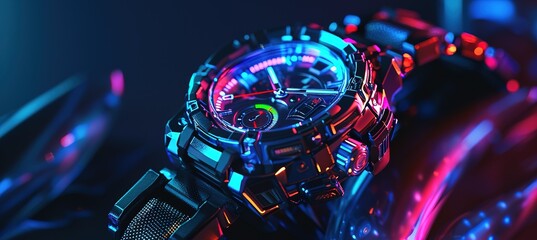 Futuristic watch design with an illuminated dial and intricate details highlighted by vibrant neon lighting