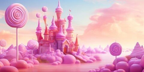 a candy kingdom with a pink castle standing tall on a cotton candy landscape, surrounded by sweet...