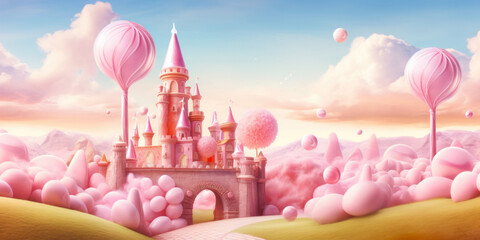 a pastel-colored castle on a cotton candy landscape, with soft hues of pink, blue, and purple, creating a serene and enchanting atmosphere