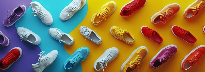 A vibrant display of sneakers in different colors on a colorful background, perfect for a fashion and retail theme. - obrazy, fototapety, plakaty