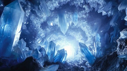 Mysterious blue crystal cave, stimulating adventure concept     - obrazy, fototapety, plakaty