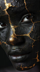 Portrait of a beautiful woman with creative make-up and gold paint.