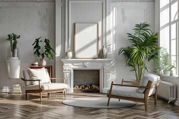 Scandinavian living room fireplace mantle interior with blank frame mock up on wall with minimalist furniture chair plant white