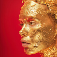 Calming Rhythms - A close-up of the gold-coated woman with open eyes against a red backdrop, seeking the flow of life