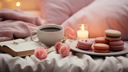 Fototapeta na wymiar Breakfast in bed for Valentine's Day, tea and pink macaron, blurred background