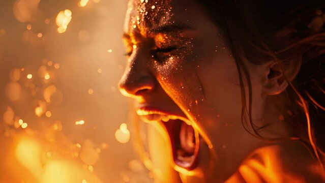 A dramatic closeup of a womans face as she closes her eyes and lets out a powerful scream, with fiery sparks surrounding her, capturing the explosive energy of her rockstar performance.