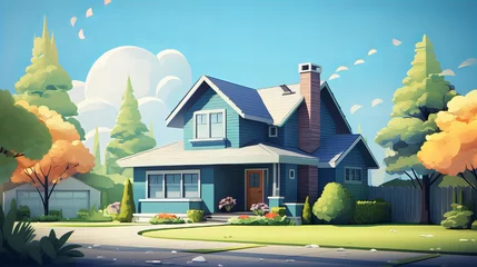 Fotobehang Charming Suburban Dream Home, Illustration of a picturesque suburban house on a sunny day, with vibrant colors and a welcoming atmosphere, nestled among lush greenery. © Viktorikus