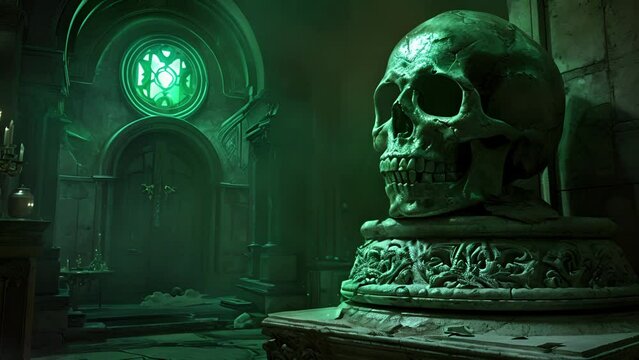 A skull, its hollow eye sockets glowing with a green flame, sat perched on a pedestal in the corner of the room. It seemed to watch you with a malevolent intelligence. Fantasy animatio