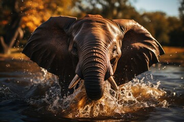 A majestic indian elephant stands tall amidst the tranquil river, playfully splashing water and seeking refuge under a towering tree in the wild outdoors