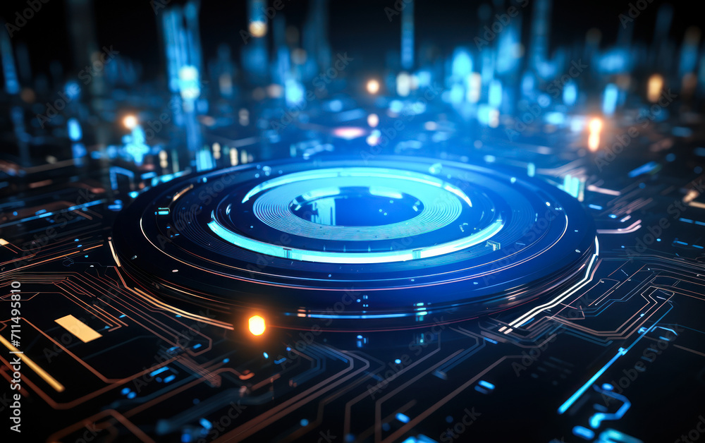 Poster futuristic blue digital hud interface with glowing cyber circuit elements, depicting advanced techno
