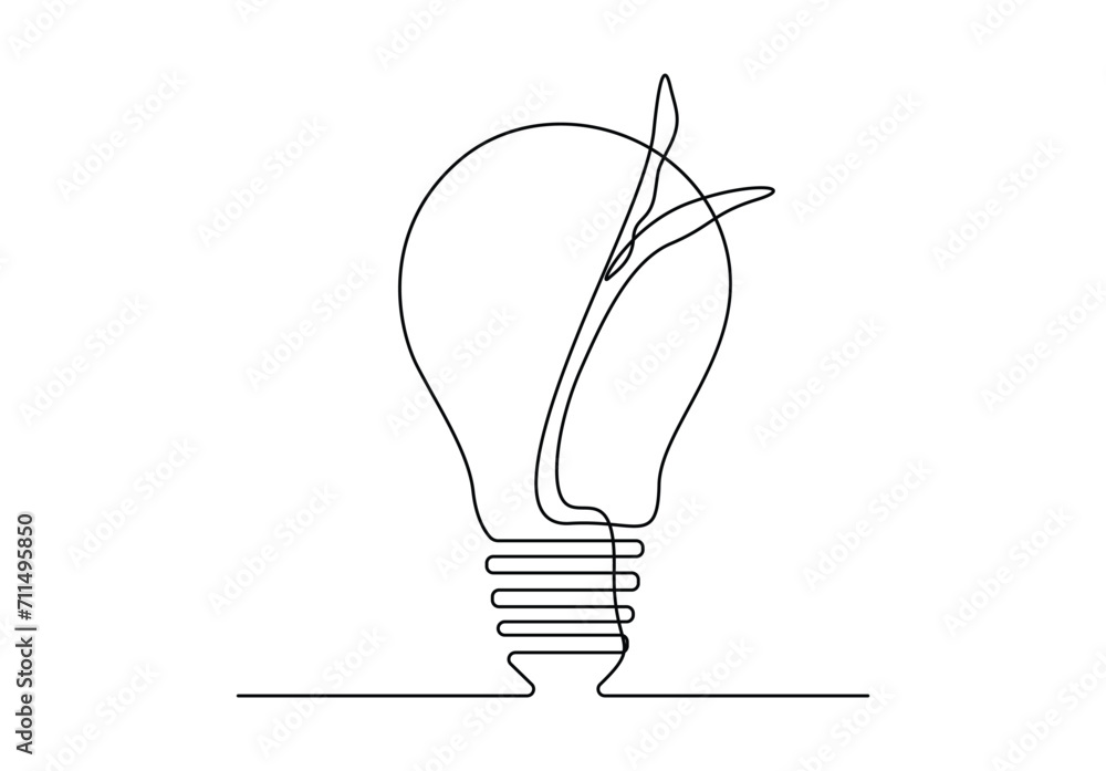 Poster continuous single line drawing of light bulb with plant. isolated on white background vector illustr