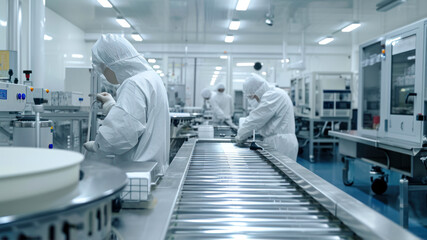 Conveyor belt and workers in white coats working in modern laboratory - obrazy, fototapety, plakaty