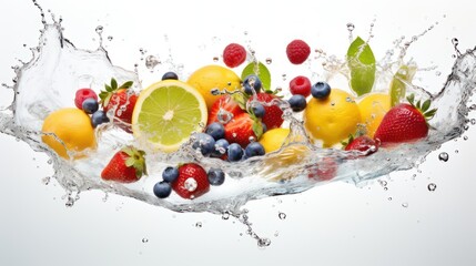 Set of fruits with fresh water splashes, white background, fresh fruit orange, grape, cherry, lemon, starbery.