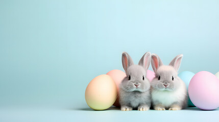 An easter card with pastel bunnys and eggs, pastel background, top view,space for text, Isolated. wallpaper and background.