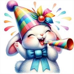 Naklejka premium An illustration of an Easter bunny wearing a party hat and blowing a horn, rendered in watercolor style.