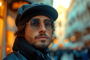Portrait of a young man in a hat and glasses on the street