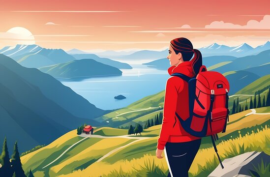 Flat Design illustration of girl walking in mountains. View point, town and sea view. Women stands backwards, dressed in hiking clothes, with a tourist hanging backpack