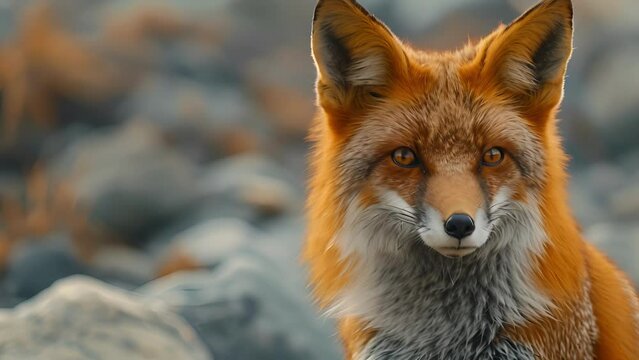 Closeup of a sleek coastal fox with intense amber eyes scanning the rocky beach for any signs of seabirds to hunt