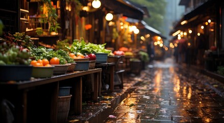 Amidst the bustling city, a vibrant marketplace illuminated by the warm glow of lights and the smell of delicious food fills the outdoor street, as the rain gently falls upon the buildings and plants - obrazy, fototapety, plakaty
