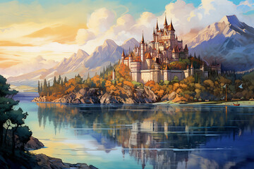 illustration of a fairytale medieval castle on the lake. Created with Generative AI