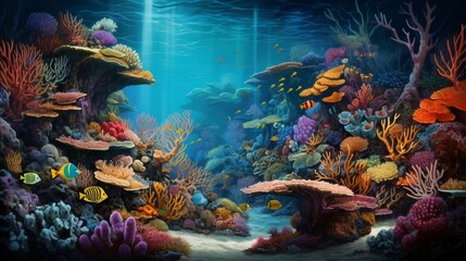 Fototapeta na wymiar An intricately realistic seascape portraying a vibrant coral reef beneath clear waters, teeming with diverse marine life - Generative AI