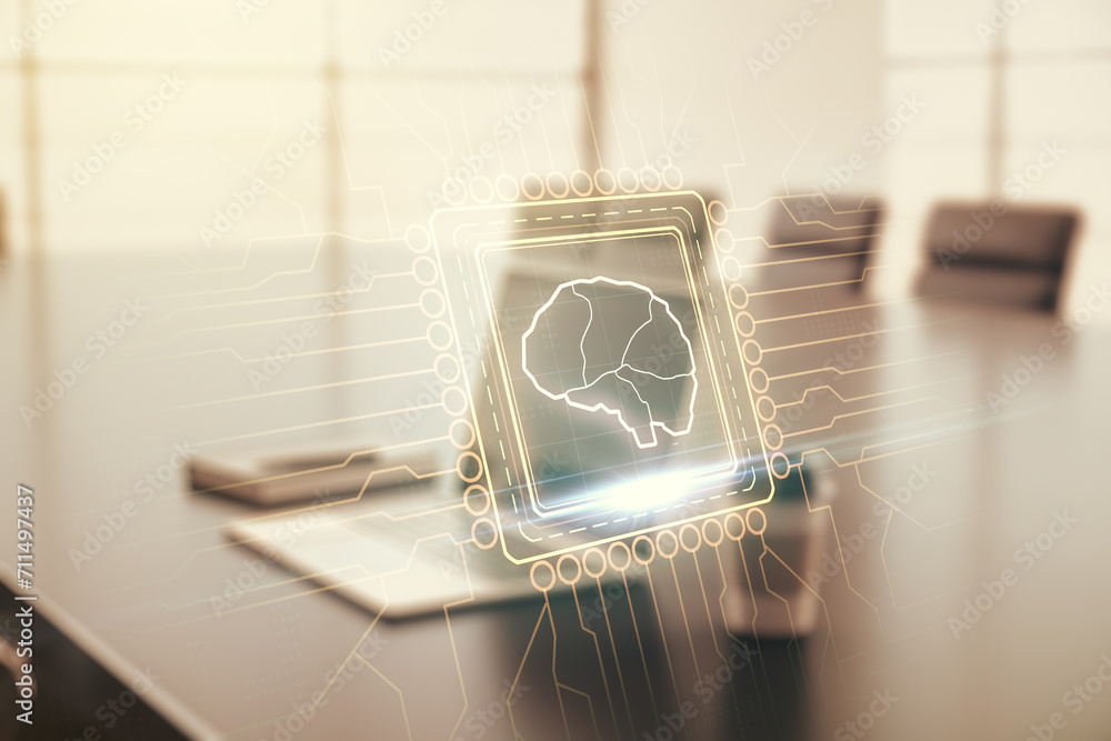 Aufkleber creative artificial intelligence concept with human brain sketch on modern computer background. doub