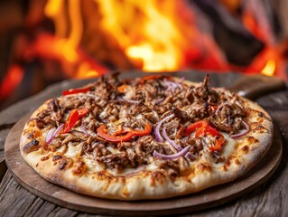 pizza with kebab meat scraps served infront of the burning logs . generative ai
