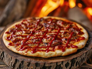 pizza with kebab meat scraps and spicy red sauce served infront of the burning logs . generative ai