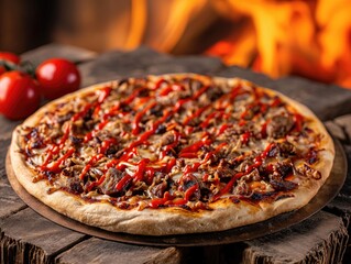 pizza with kebab meat scraps and spicy red sauce served infront of the burning logs . generative ai
