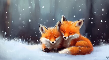 Fototapeta na wymiar two small cute foxes in the snow,illustration,animals in the snow 